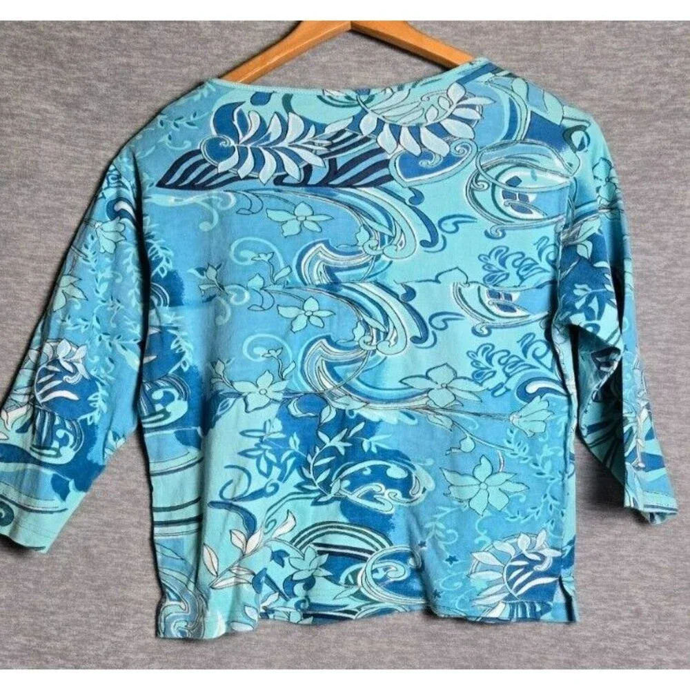 Jane Ashley Womens Shirt Y2K Blue Floral Sequin Beaded 3/4 Sleeve Size 1X